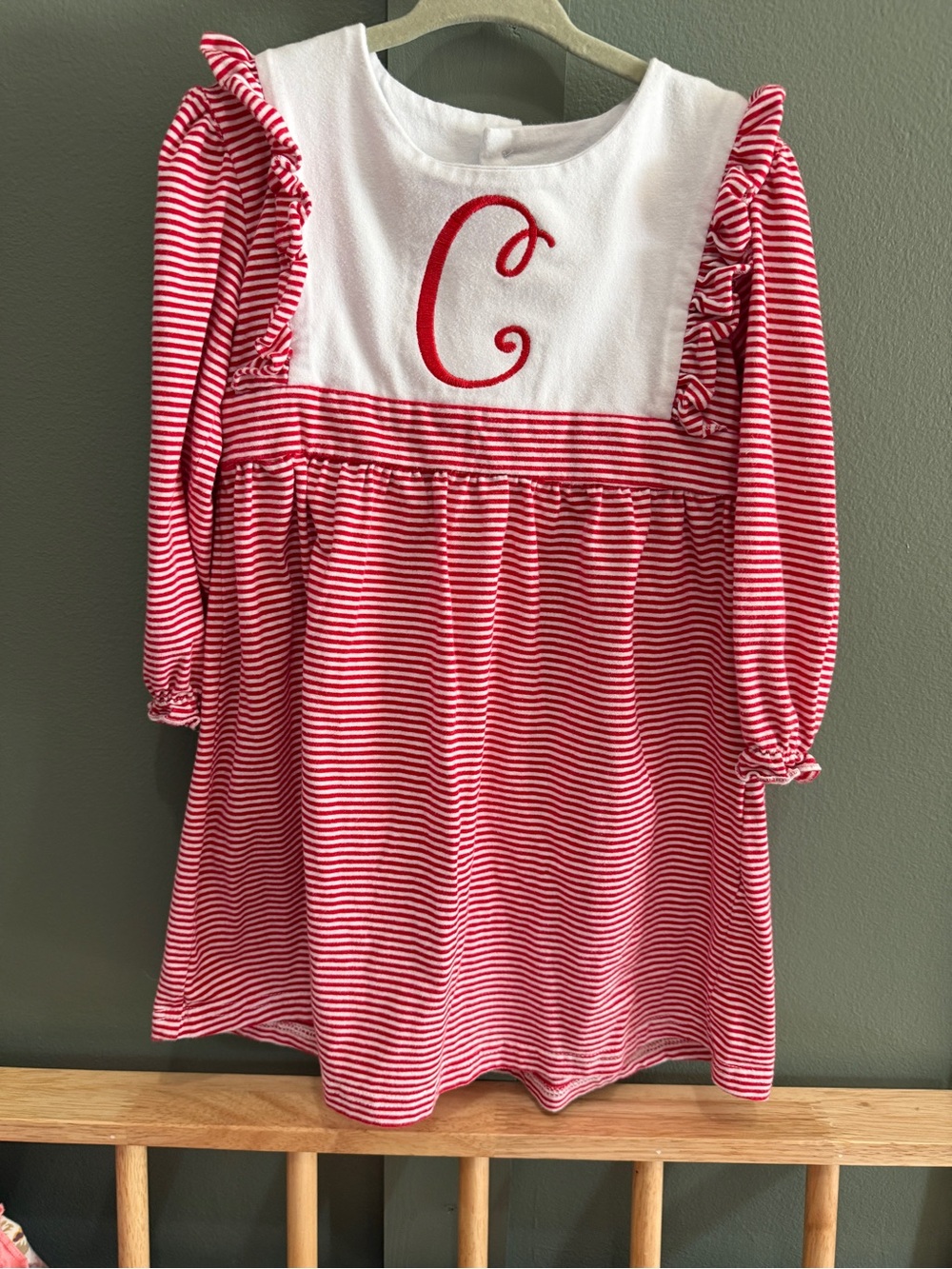 Girls Red & White Striped Monogram Dress